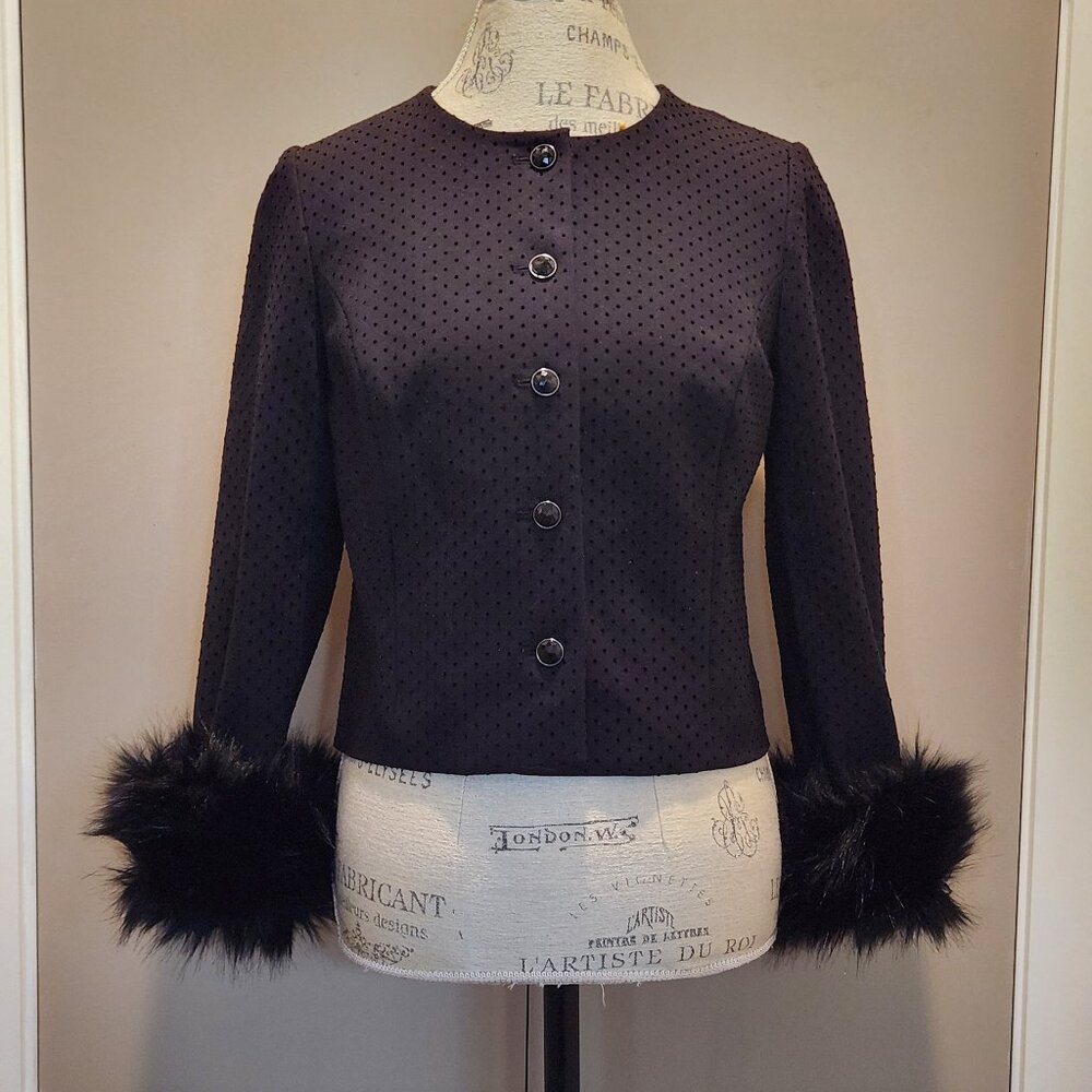NWT Chico's Polka Dot Blazer W/Black Removable Faux Fur Cuffs Jeweled Buttons